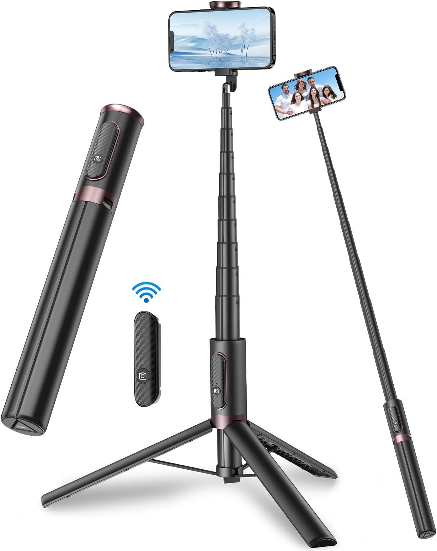 TONEOF 66" Selfie Stick Tripod, All-in-1 Phone Tripod Stand Video Kits with Integrated Wireless Remote,Portable,Lightweight,ExtendableTripod for Selfies/Live/Video Recording/Travel-Black Gold