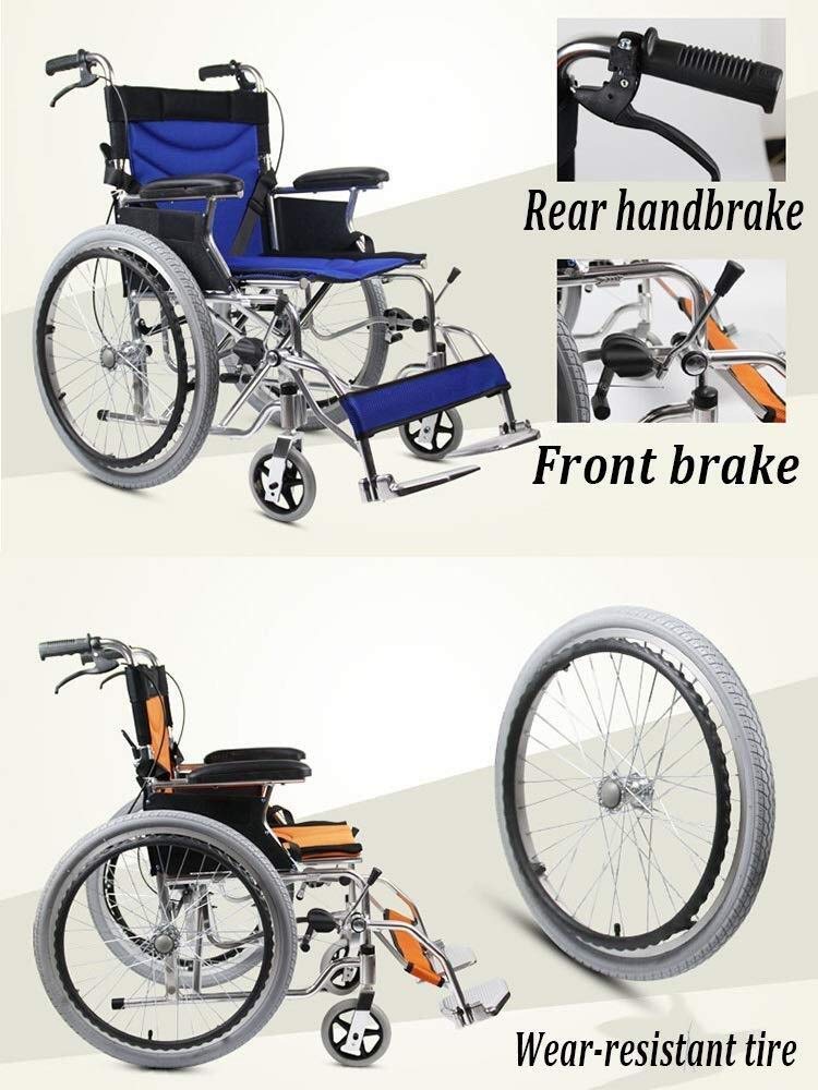 Sillas de Ruedas, Coche de Viaje con Empuje para Ancianos, Silla de Ruedas Ligera y Plegable de Aluminio con reposabrazos/pie/neumático Libre, transportador para discapacitados, portátil (Azul)