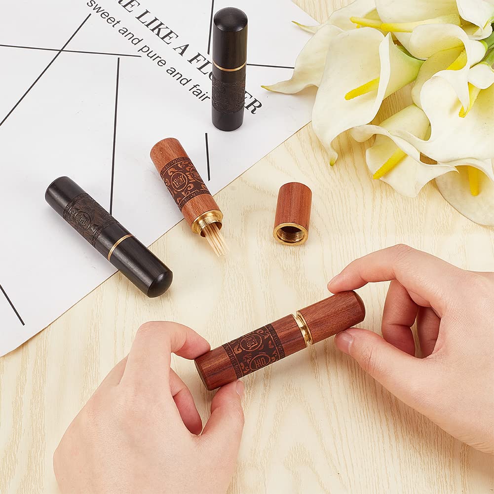 OLYCRAFT 4 porta stuzzicadenti in legno, portatile, per aghi, da cucito, custodia versatile, mini custodia da trasporto per stuzzicadenti, aghi, batuffoli di cotone, marrone e nero