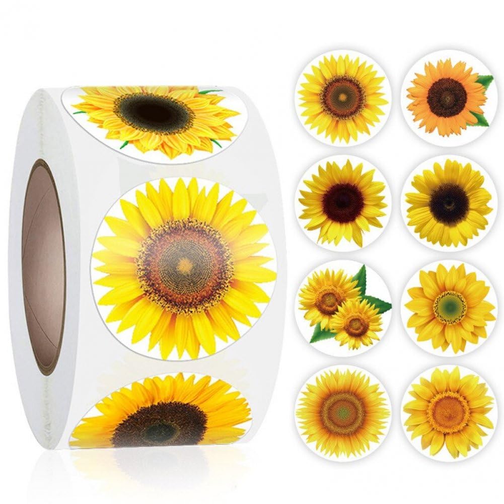 Baokuan 500pcs Flower Stickers 1in Stickers Rolls 8 Designs Sunflower Waterproof Self-adhesive Sticker for Teacher Reward Bottle Scrapbook Journal Envelope