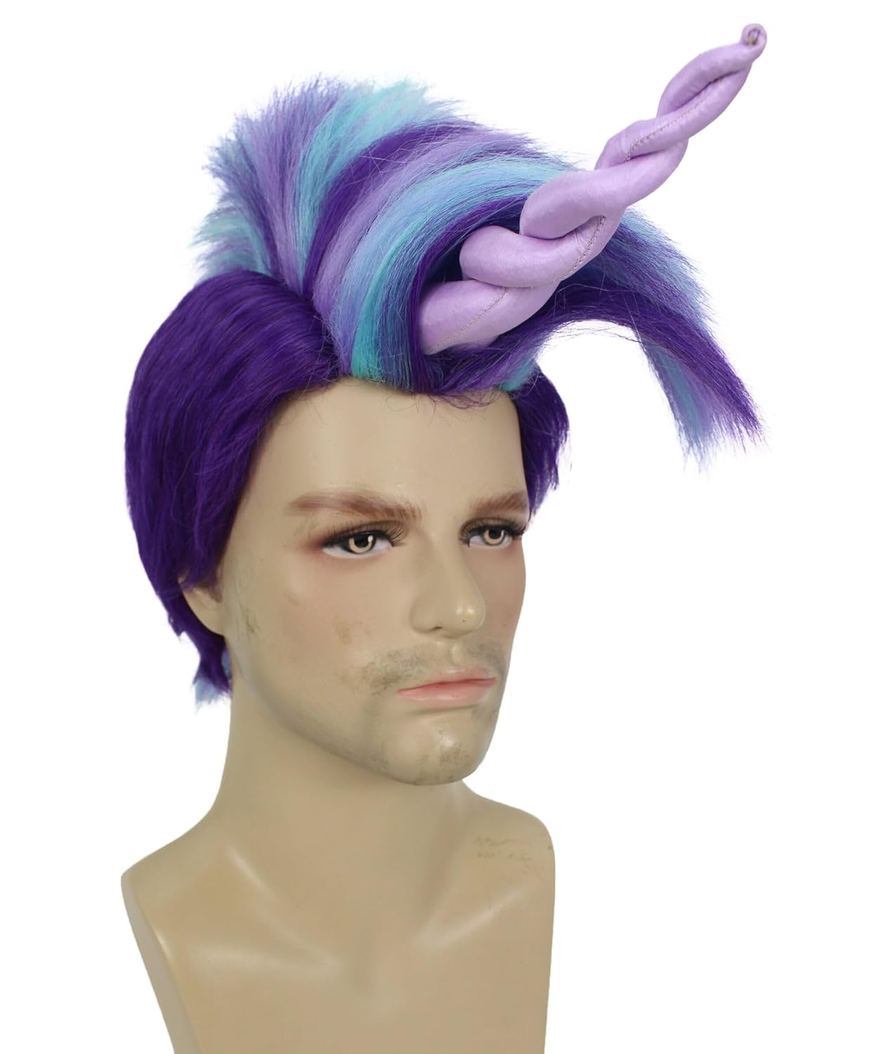 Men's Fairytale Purple & Blue Spiky Wig with Horn | Crazy Fantasy Cosplay Costume Wigs | Heat-Resistant Synthetic Hair for Halloween, Party & Stage