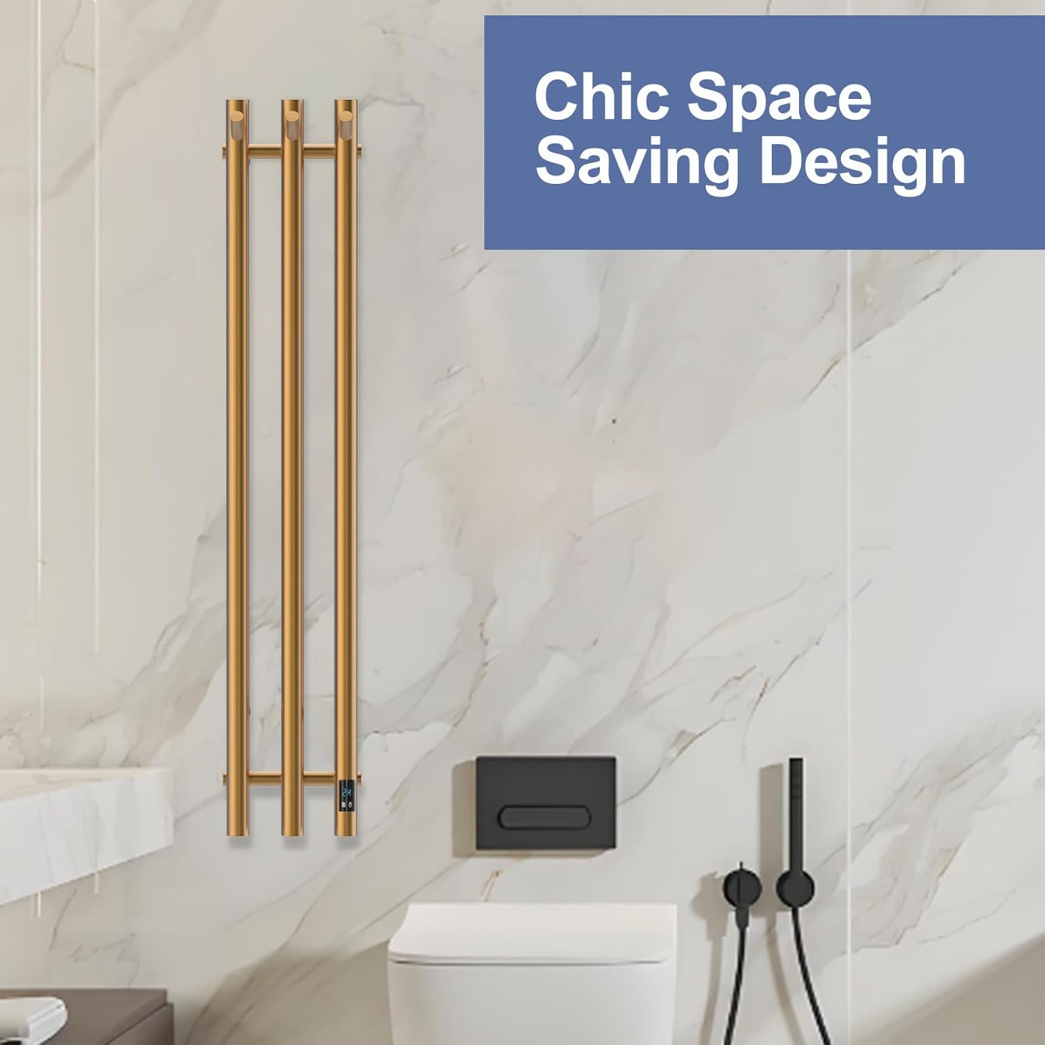 Electric Heated Towel Rack with Timer, Wall-Mounted Towel Warmer, 3 Vertical Bars, Plug-in or Hardwired, 37.4 Inch Height, Round Design (Gold)