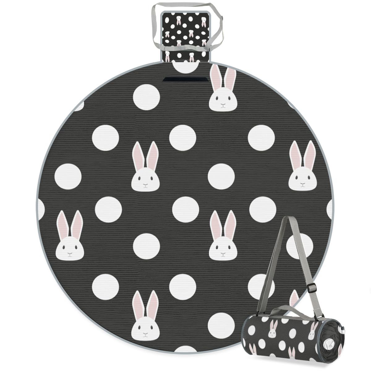 Shimoshe Polka Dot Bunny Picnic Outdoor Blanket Foldable Waterproof Sandproof Beach Blanket Portable Water-Resistant Round Picnic Mat for Travel Camping Park Lawn