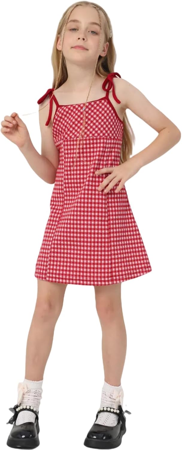 Girl's Dress, Mini Checkered Dress Sleeveless for Girl, Summer Gingham Sling Strap Sundress Age 4-13