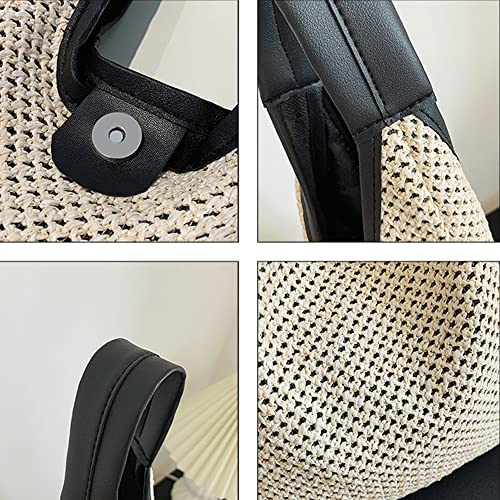 Bolso Tote de Cuero Negro con Asa y Tejido de Paja miniatura 4