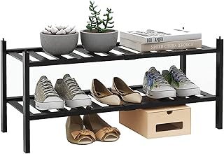 Quiseolu Bamboo Shoe Rack 2 Tier Stackable Shoe Shelf Small Shoe Racks DIY Free Standing Shoe Stand for Closet Entryway Be...