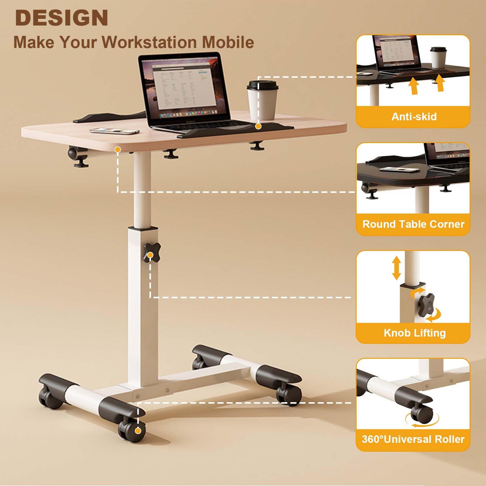 GarveeLife Tavolo per computer portatile regolabile in altezza, con ruote, pieghevole, per letto e divano, piano inclinabile, scrivania portatile per ufficio e casa, bianco