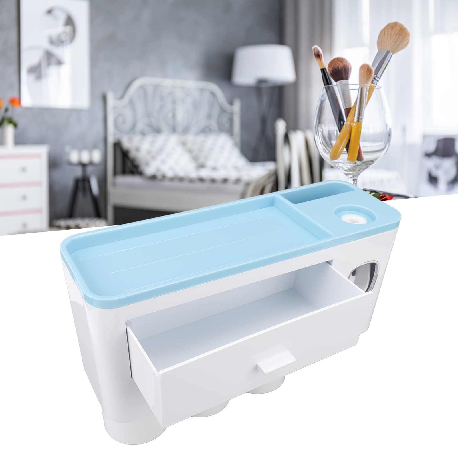 Wandmontierte Zahnbürstenhalter, Zahnbürsten-Organizer mit automatischem Zahnpasta-Quetscher-Spender für Badezimmer (DREI Tassen, Blau)