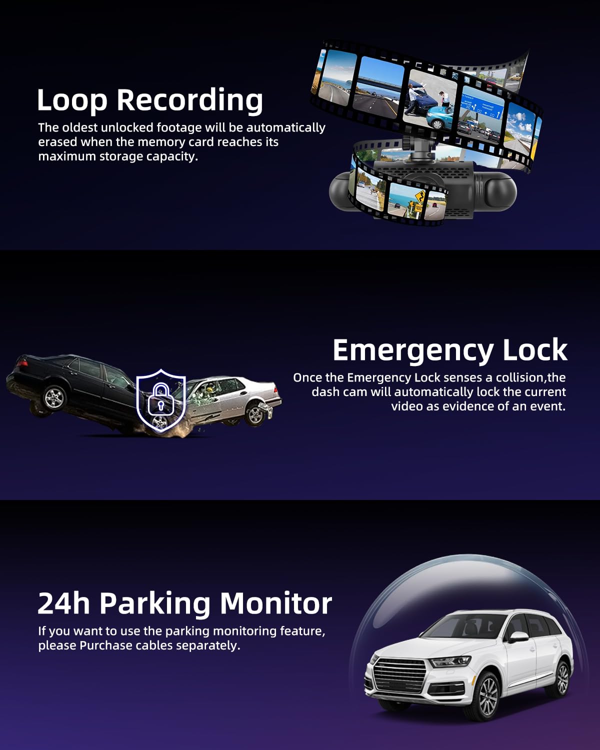 NHOPEEW Dashcam a 4 canali con visione a 360° - Dashcam da 3 pollici 1080P per auto con 4 telecamere - Registrazione in loop Sensori G WiFi APP Visione notturna Monitoraggio parcheggio 24 ore su 24