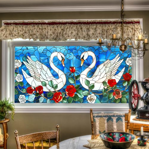 Película decorativa ventana vidriera cisne y rosa 39.3×17.7 pulg miniatura 1