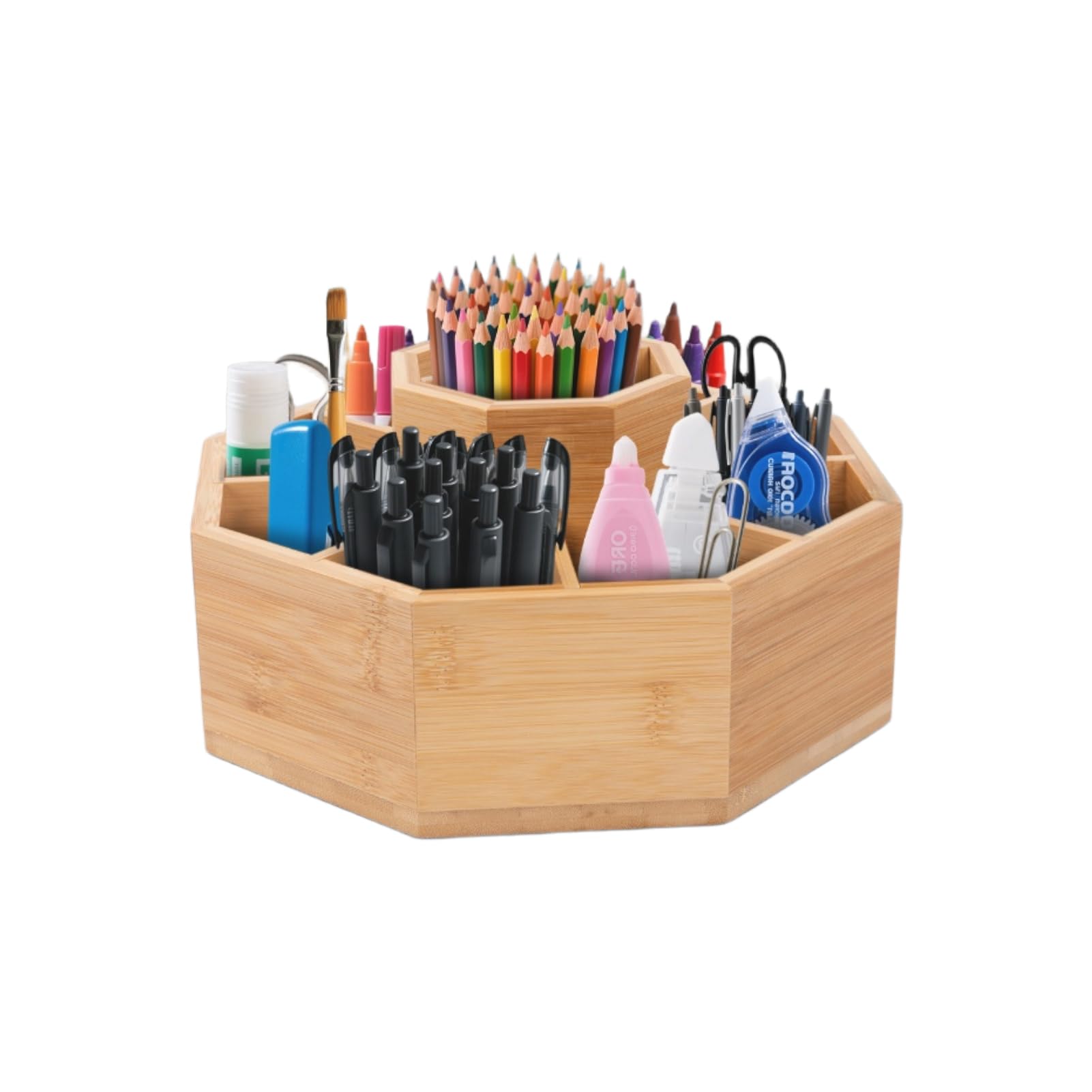 M.J COMFY-LIFE Bamboo Desktop Pen Holder Rotating Desktop Storage Box 360° Rotating Art Supplies Storage Box Can Hold More Than 300 Pencils Pens Markers Paintbrushes etc. (Bamboo)