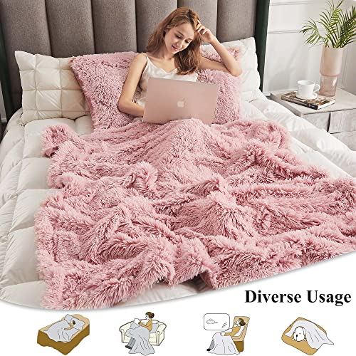 Xege 3 Pieces Soft Faux Fur Throw Blanket Set, Fluffy Furry Blanket 50X60, Shaggy Plush Fuzzy Blanket With Set Of 2 Throw Pillow Covers 20X20 For Bed Couch Sofa Living Room Office Dorm, Pink Ombre #TOP2