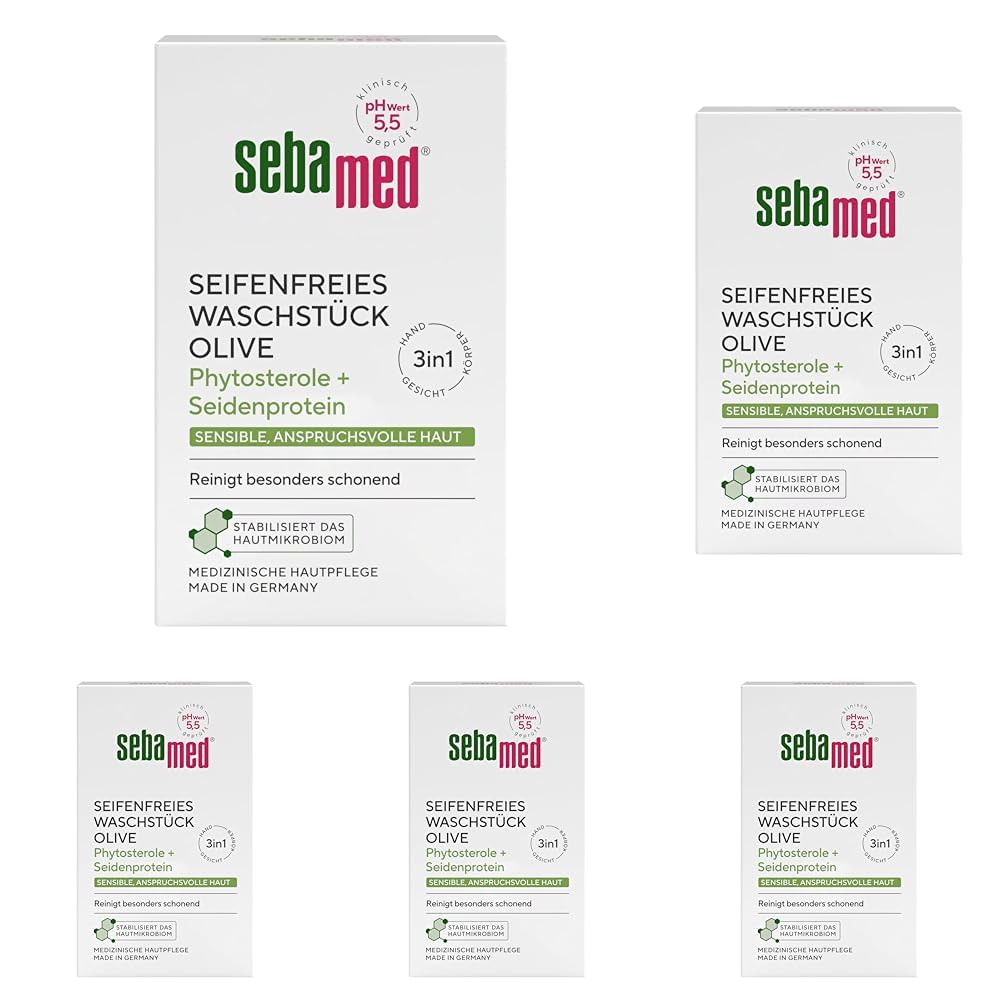 Sebamed seifenfreies Waschstück Olive 150 g, für die tägliche seifenfreie Reinigung sensibler, anspruchsvoller Haut, reinigt besonders schonend, zur Hand-, Gesichts- und Körperreinigung geeignet