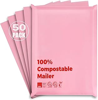 100% Compostable 10x15 inch Shipping Bags with Self Seal Waterproof Shipping Mailers with Eco Friendly Packaging Envelopes Supplies Mailing Bags BPI Certified Pink, 50 Counts