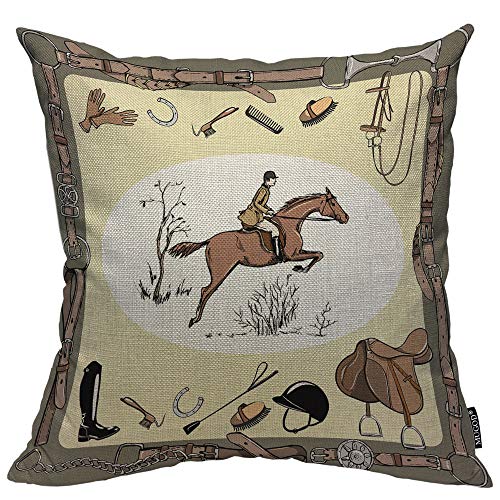 Mugod Equestrian Sport Decorative Pillow Case Horse Rider Saddle Bridle Stirrup Brush Grooming Tool Throw Pillow Cover Home Decor Cotton Linen Square Cushion Cover for Couch Bed Sofa 24X24 Inch
