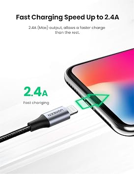Ugreen, Mfi Licensed USB-A & Lightning Braided Data and Charging Cable, 2 Meters, Black, 60158