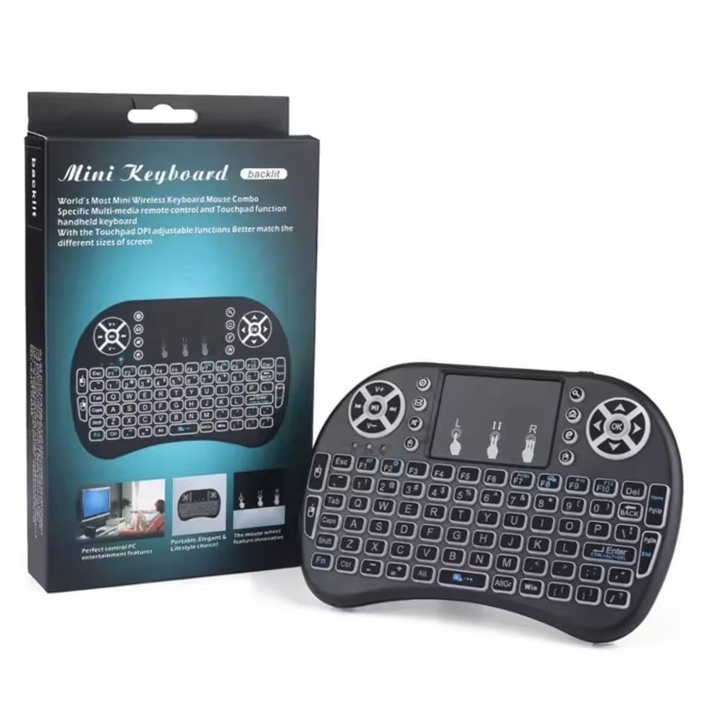 tezon i8 mini wireless keyboard with touchpad, 2.4ghz, 92-key qwerty, usb receiver, for android tv box, smart tv, pc, laptop, htpc & projector, black, 3-color led backlight, air mouse remote