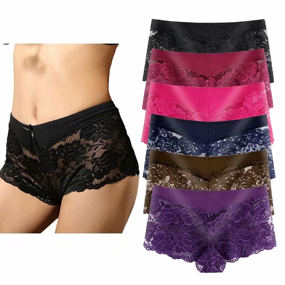Women's Underwear Regular & Plus Size Panties Lace Boyshort Hipster Cheeky Panty- 6 Pack