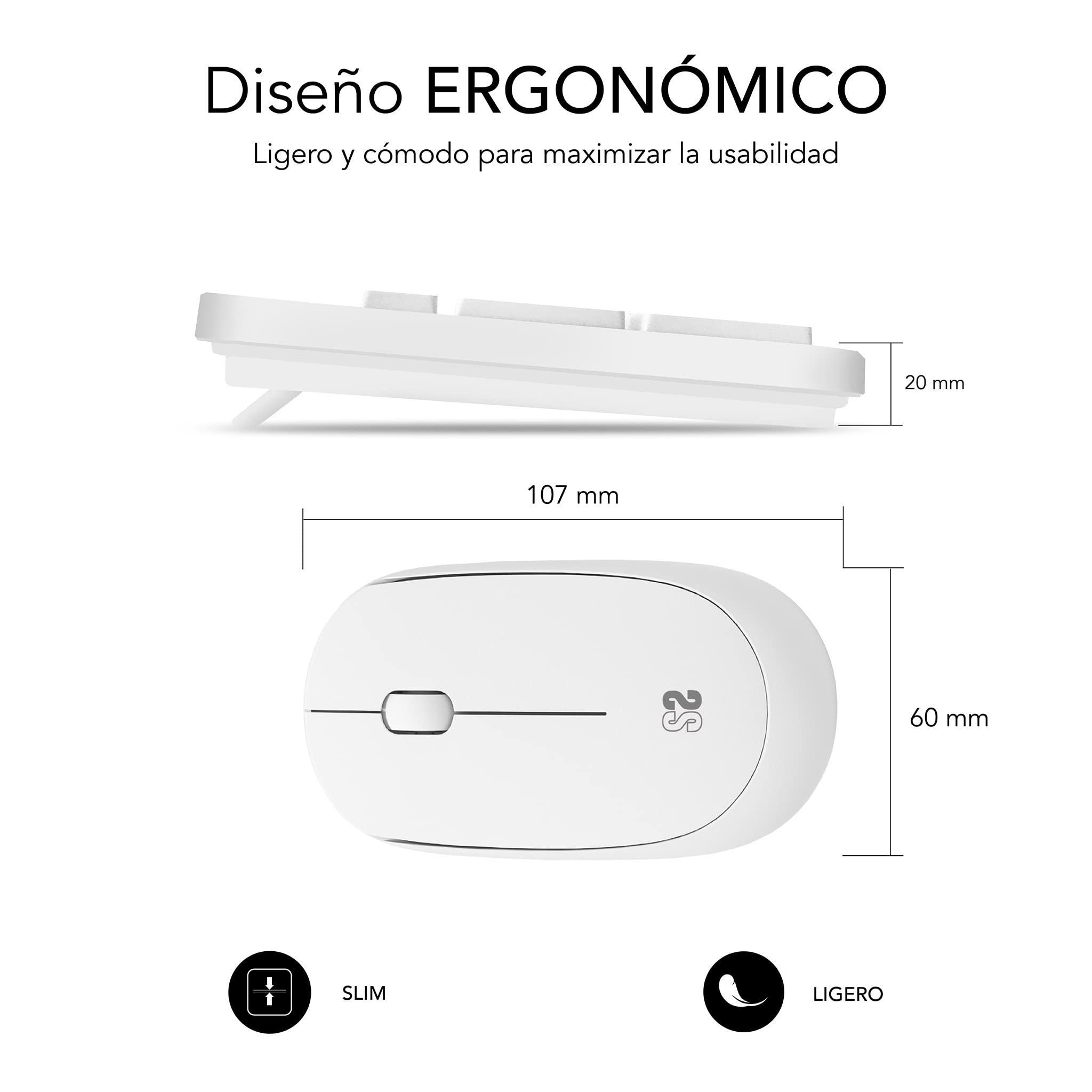 SUBBLIM Combo Teclado y Ratón Business Slim Silencioso Inalámbrico 2.4G Blanco Teclas Planas Resistente A Salpicaduras Merge Technology Diseño Delgado Y Completo Ratón Inalámbrico Ergonómico