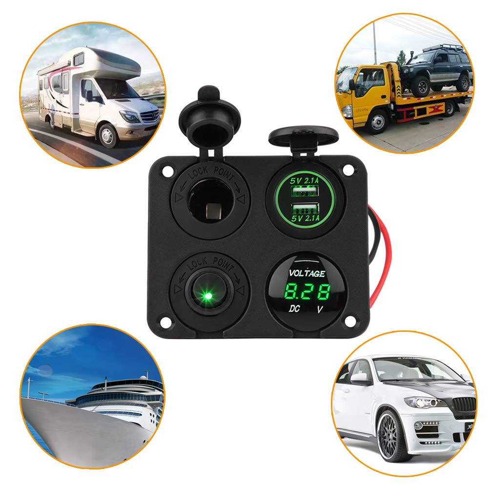 4 Gang 12V/24V Pannello Interruttori a Bilanciere On/Off Con Doppia Presa per slot USB,Accendisigari,Voltmetro per auto, camper, roulotte, rimorchi, autobus, barche, yacht, marine (Luce verde)