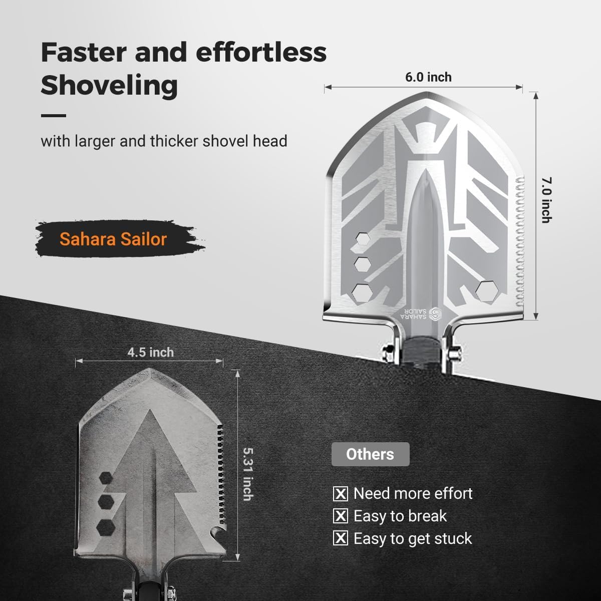 Sahara Sailor Pelles de Camping, Pelle 23 en 1, Acier Au Carbone Pelle de Camping Portable, Barrière Antirouille Réglable