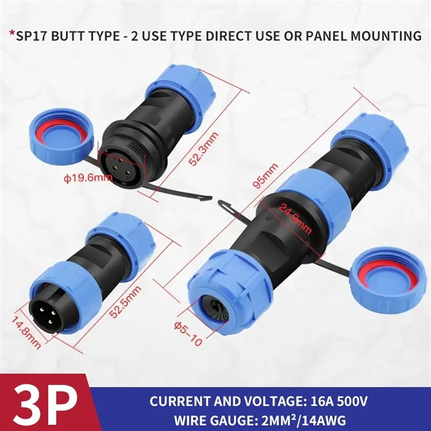 SP17 IP68 Waterproof Male Female Docking Connector 2 pin 3pin 4pin 5pin 7pin 9pin Power Cable Electrical Connectors(Sp17-3p-Docking)