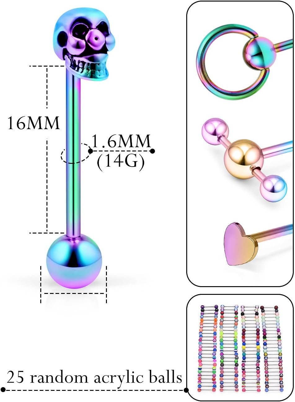 14G Silver/Rose-Gold/Rainbow Tongue Rings Piercing Jewelry for Women Men Work Surgical Steel Metal Tounge Barbell Acrylic Balls Set 29pcs