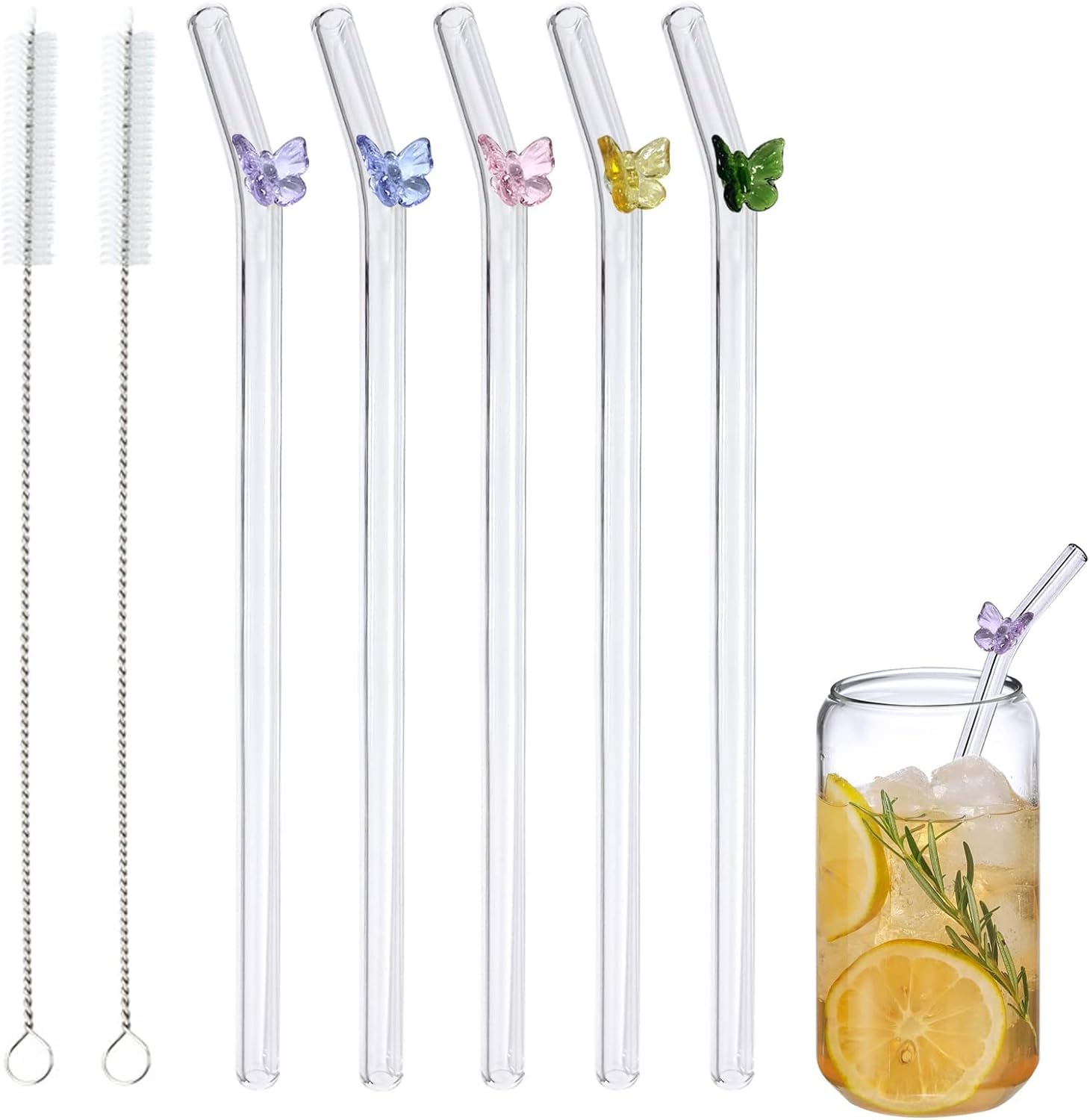 5 Pcs Reusable Glass Straws,Colorful Butterfly on Clear Straws With Design 7.9in X 8mm Shatter Resistant Bent Drinking Straws with 2 Cleaning Brushes for Shakes,Juices,Smoothies, Cocktails