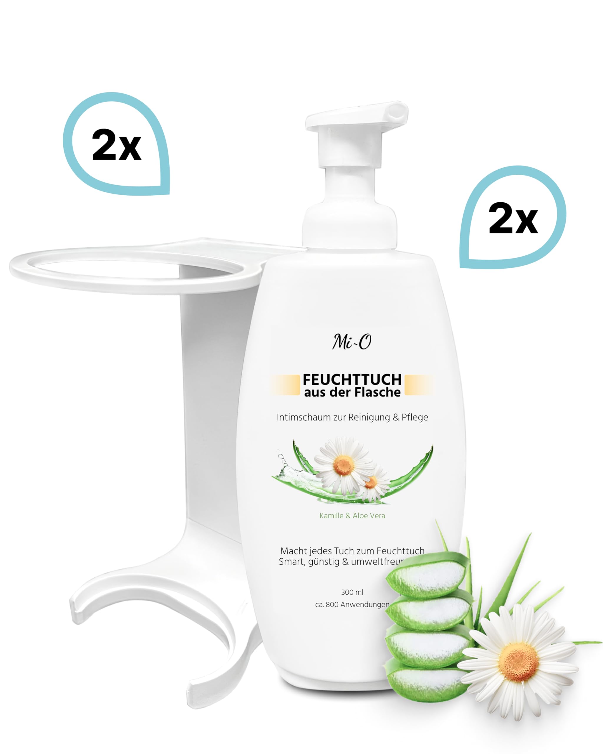 SET Intim Pflegeschaum 2x300 ml + Halter Weiß | Nachhaltiges Feuchttuch aus der Flasche mit Kamille & Aloe Vera, 2x300 ml und 2 Wandhalterungen