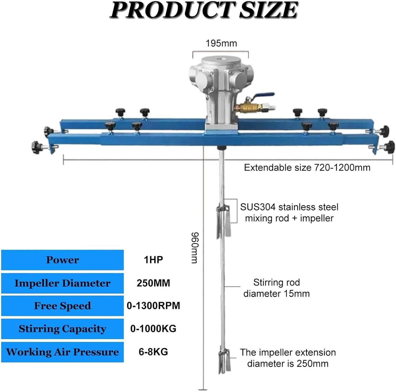 1000L Paint Stirring Machine,Mixing Rod Length 880MM, Impeller Diameter 250mm, Pneumatic Paint Mixer Industrial Barrel Ink Coating Paint Air Agitator