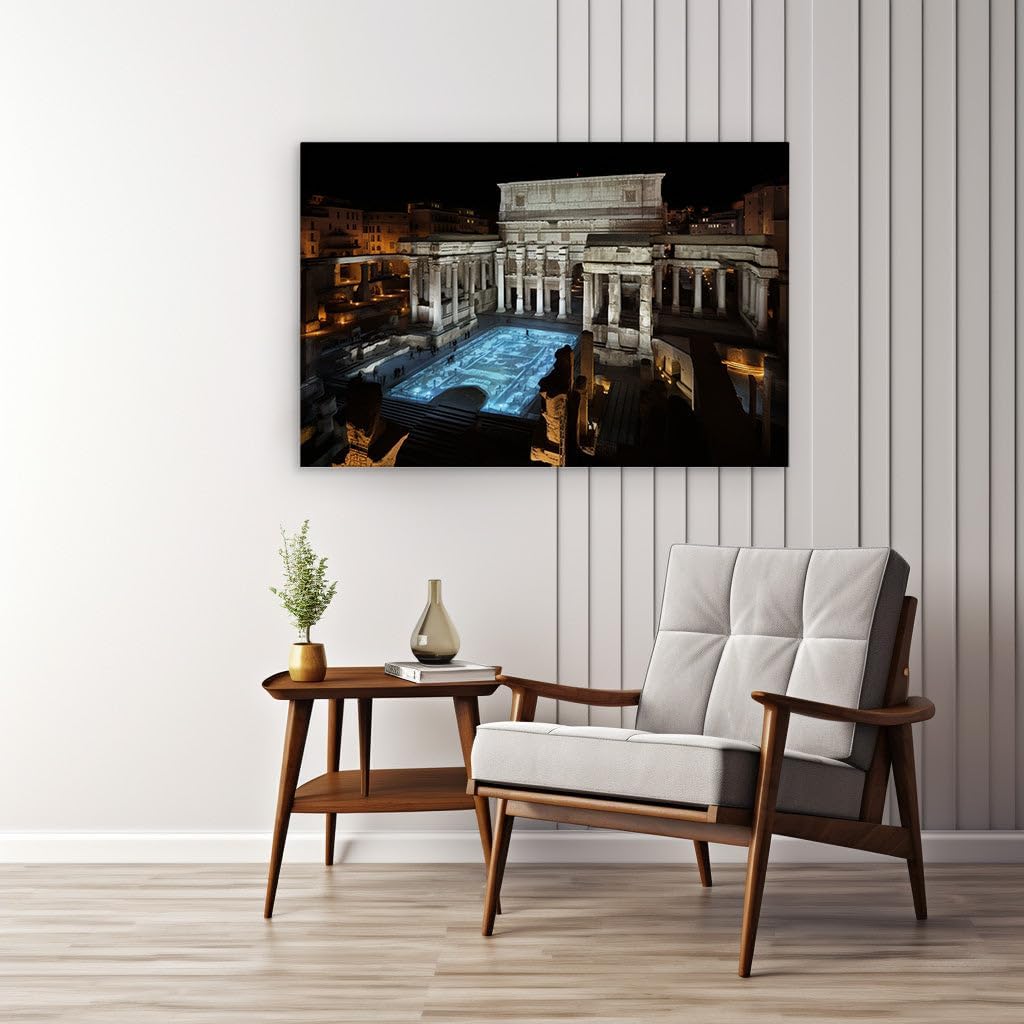 Canvas for Living room. Moonlit Majesty at Teatro Marcello � An Illuminated Roman Legacy Against the Night Sky, 27 x 18 inch Canvas Wall Art - Contemporary Masterpieces - Modern Home Decor