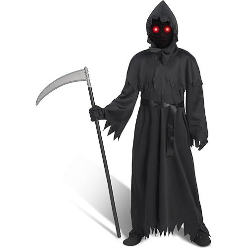 Spooktacular Creations Child Unisex Black Grim Reaper Robe Costume with Gloves, Scythe, Light-Up Glasses for Boys, Creepy Phantom Halloween Costume-L