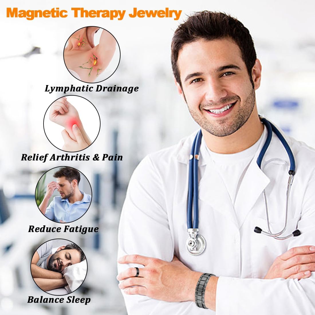 3X Magnetic Bracelets for Men Three Row Magnets Titanium Steel