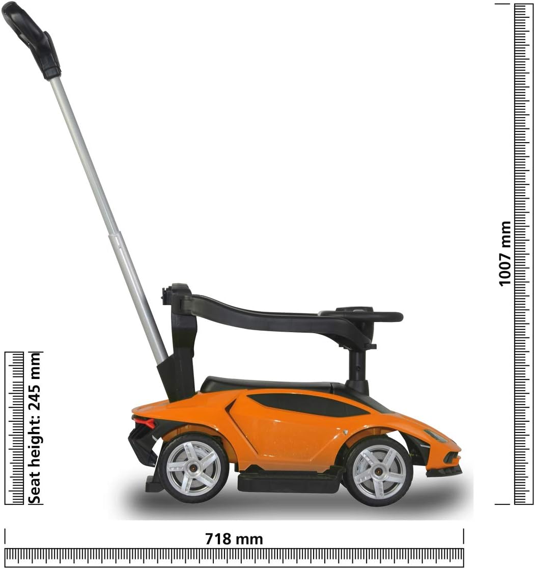 Side view of the Jamara Lamborghini Centenario 3-in-1 Ride-On Car with the push handle extended, showing the overall structure.