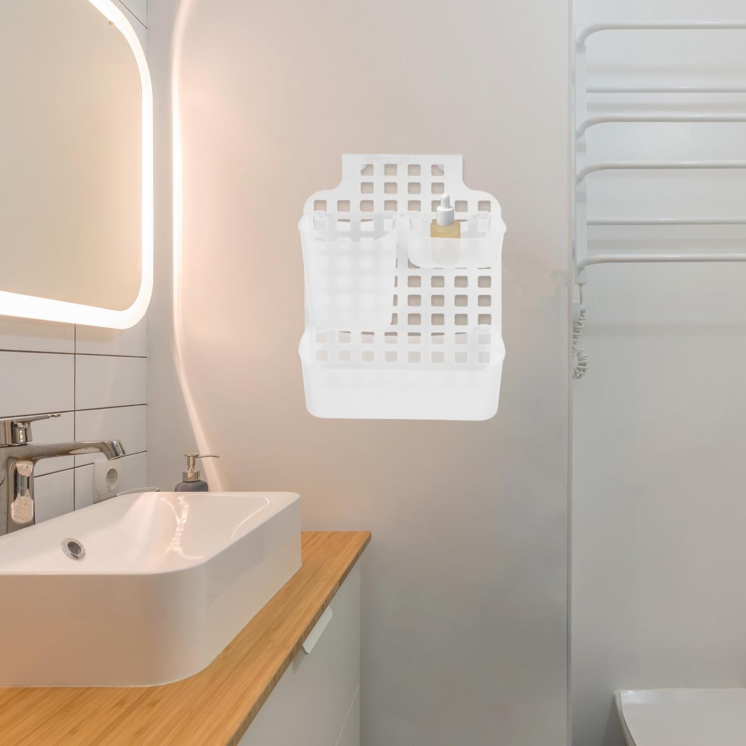 Healifty Bathroom Hanging Storage Basket with Hook, Punch-free Plastic Organizer for Towels and Toiletries, White Portable Shower Caddy for Home Bathroom Storage