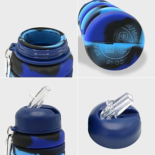 Miniatura 6 de Paquete de 2 botellas de agua plegables de silicona, a prueba de fugas, portátiles de 16 onzas, expandibles, vasos deportivos con popote, sin BPA,