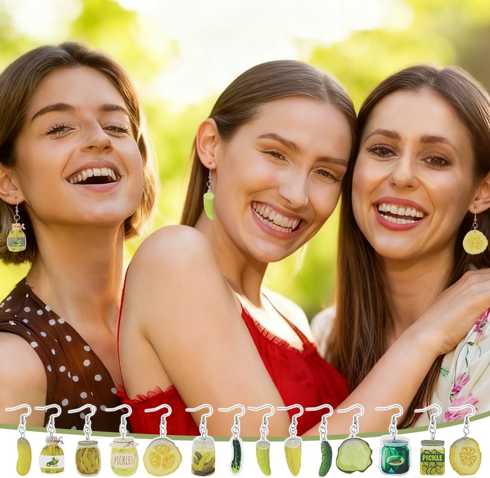 AHANDMAKER 14 Pairs Pickle Earrings Acrylic Cucumber Earring Cute Green Dangle Pickle Cucumber Earrings Lifelike Weird Dangle Drop Earring Jewelry Gifts for Women Bow Tini Bar Christmas Holiday Party - Image 5