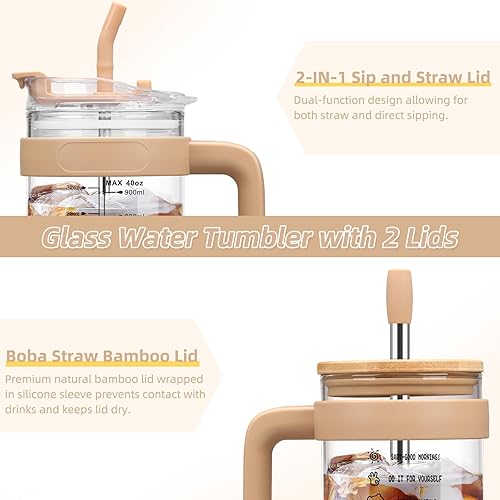 Miniatura 2 de Vaso de vidrio de 40 onzas con 2 tapas, tapa de popote de bambú y tapa de popote 2 en 1, taza de café helado con asa, botella de agua de vidrio con