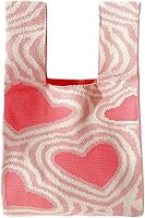 BEAMARKER Pink Heart Print Crochet Wristlet Tote Bag for Women - Cute Knitted Mini Handbag, Daily Essentials Pouch