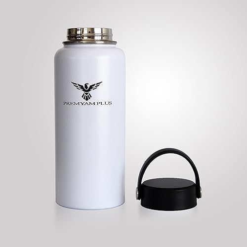 Miniatura 4 de Premyam Plus Botella deportiva de boca ancha de acero inoxidable de 32 onzas con tapa flexible (blanco)