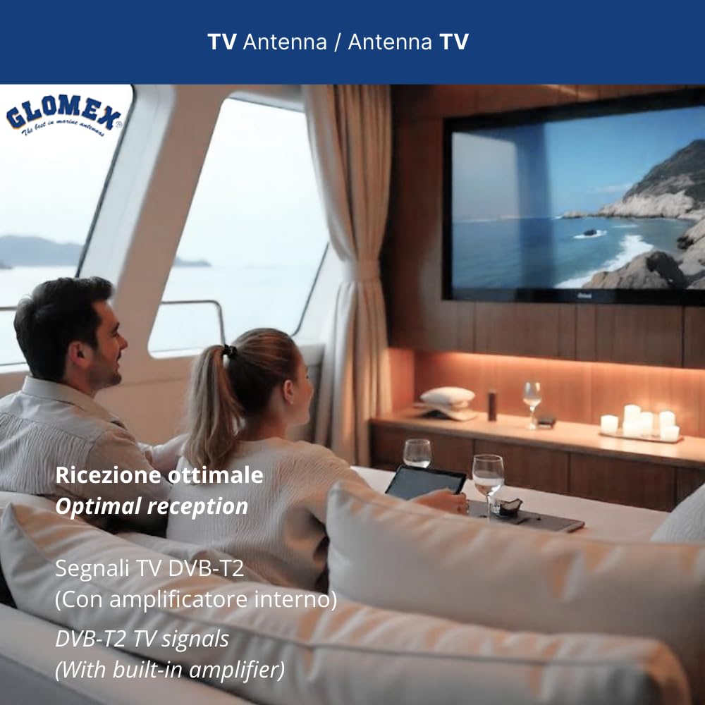 Glomex – Kit d'antenne TV/DAB/FM "Alya" compact 25 cm (Blanc), modèle RA304TV – Amplifié 24,5 dB, Omnidirectionnel, pour voiliers et moteur – Installation rapide complète