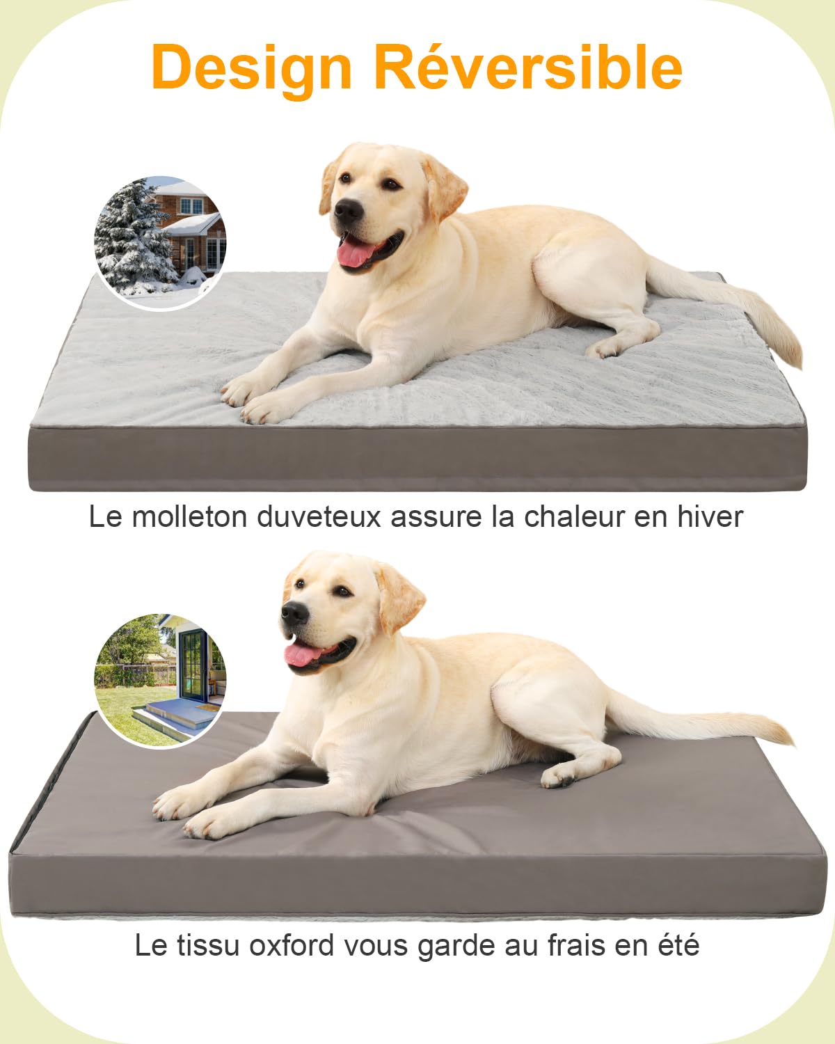 KSIIA Panier Coussin Chien Grande Taille, 105 x 70 cm, Tapis Chien Dehoussable Orthopédique, Lit Matelas Réversible et Lavable en Machine, Gris