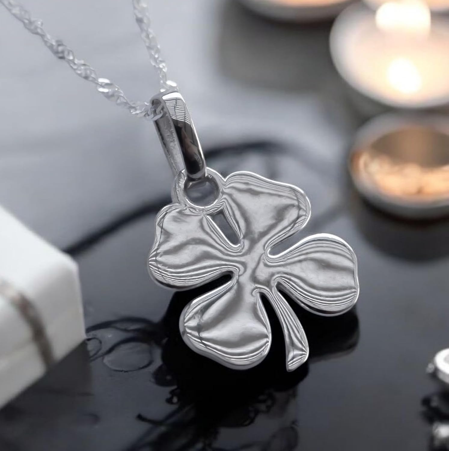 925 Sterling Silver Four Leaf Clover Necklace - Rhodium Plated Shining Mirror Finish Shamrock Pendant with 20" Inch Chain - Good Luck Charm - Irish Jewelry for Women - Handmade - Image 2