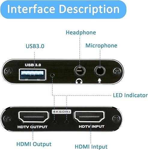 Miniatura 3 de Tarjeta de captura de video de audio 4K 60Hz, dispositivo de captura de video HDMI USB 3.0, Full HD 1080P, entrada de audio TRS de 0.138 in,