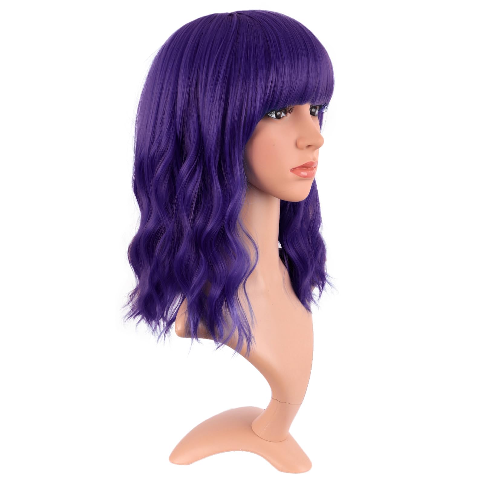 MapofBeauty 14 Inch/35 cm Short Wavy Curly Women Fresh Bright Synthetic Ordinary Flat Bangs Bob Wig (Dark Purple) - Image 2