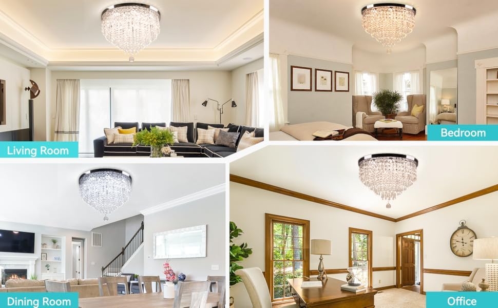 Image of Modern Design Flush Mount Ceiling Light 3 Color Changing Crystal LED Jhumar Light Chandelier for Living Room, Dining, Hall, Bedroom Fixture Pendant Lamp (Steel, 63 Watt, 53cm)