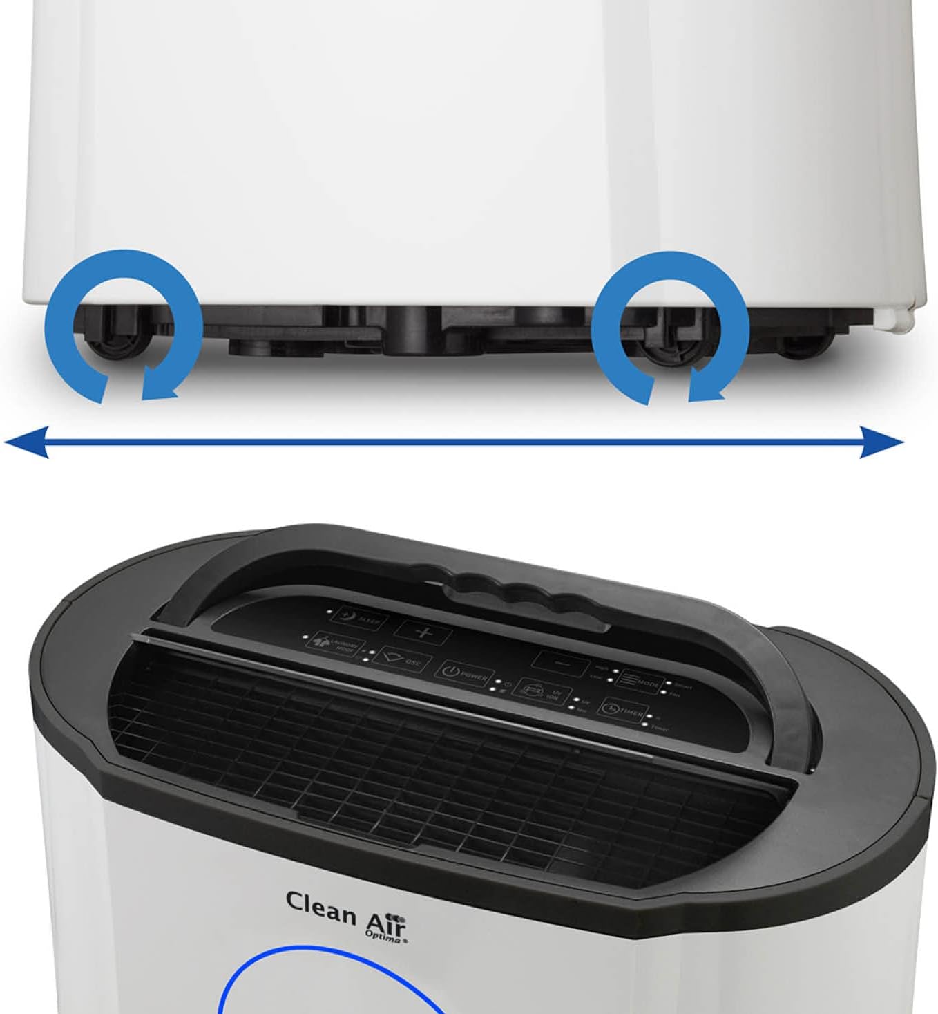 Close-up of the Clean Air Optima CA-704's bottom wheels and top control panel