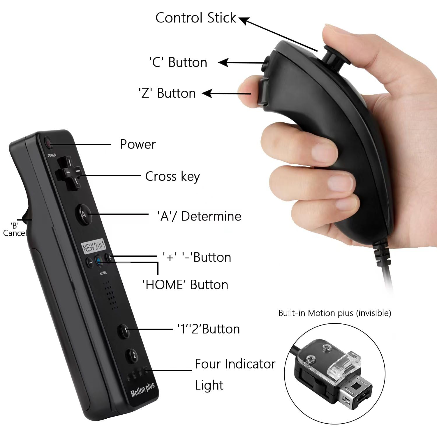 NC Motion Plus Wii Controllers 2Pcs with wii Nunchakus, Compatible for Wii and Wii U Console, with Silicone Case and Wrist Strap, Wii Remote Controllers with Built in Motion Plus (White+Black)