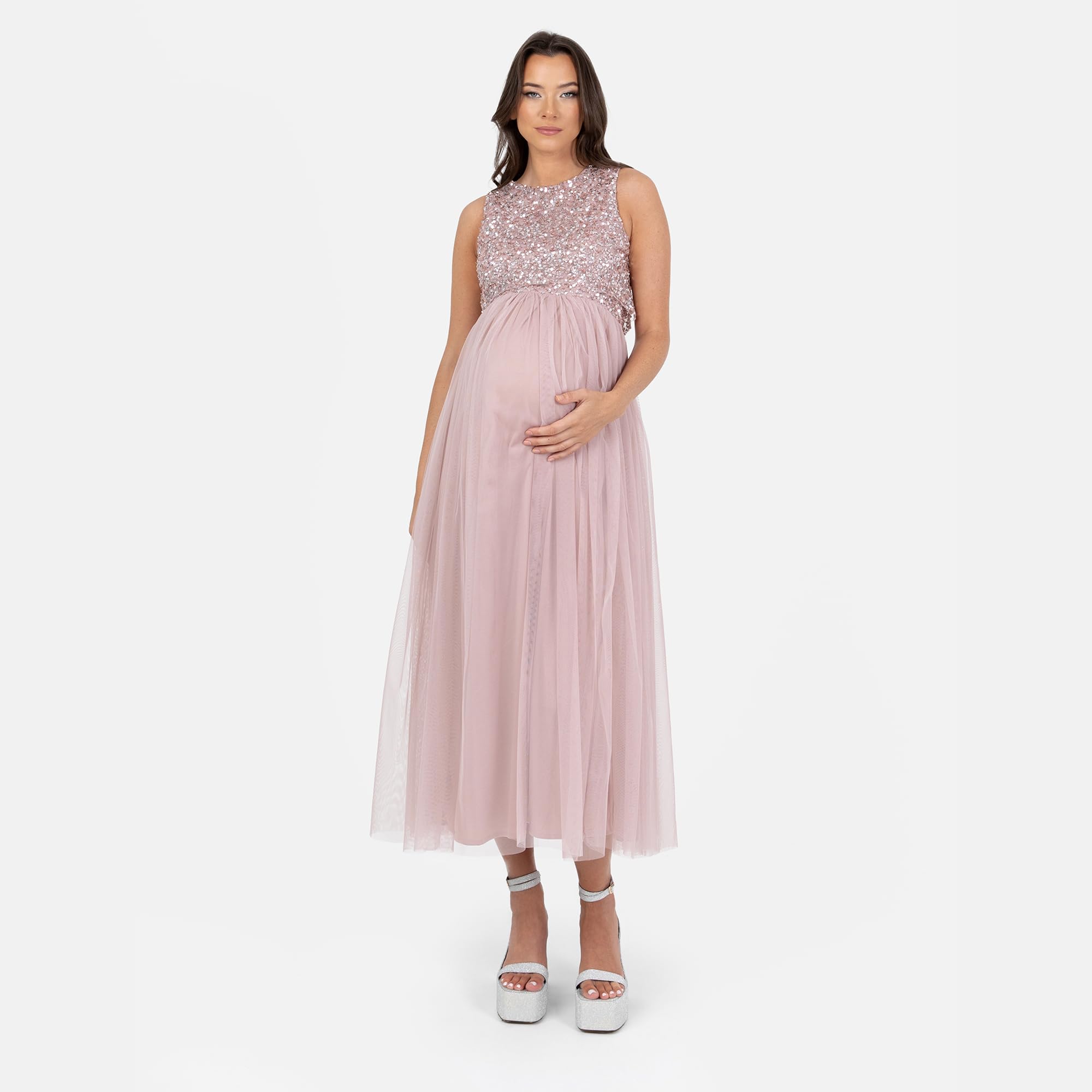 Maya Deluxe Womens Ladies Maternity Dress for Pregnant Wedding Guest Midaxi Sleeveless Sequin Embellished Tulle Crew Neck Bridesmaid Vestito da Damigella d'Onore Donna (Pacco da 1)