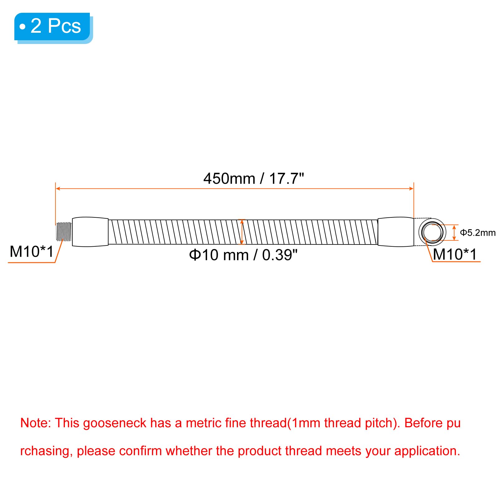 PATIKIL 17.7'' Universal Gooseneck Hose, 2 Pcs M10 Fine Thread Bendable Metal Hose Flexible Arm Tube Extension for Lamp DIY Equipment, Black - Image 2